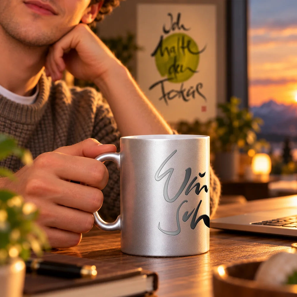 Detailansicht der silbernen Metallic-Keramiktasse mit der geschwungenen schwarzen Aufschrift „Wunsch“ von Sign by Jwala® auf einem Schreibtisch.