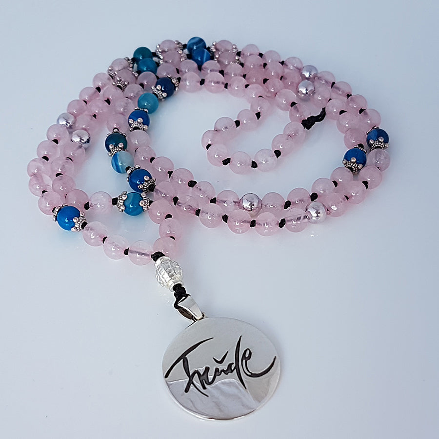 Herzöffnende Mala-Kette Rosenquarz & blauer Achat – Unikat für Freude & Harmonie online kaufen