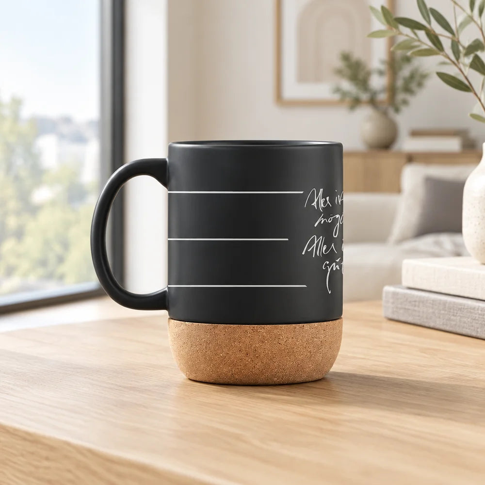 Eine mattschwarze Kaffeetasse von Sign by Jwala mit einem abnehmbaren Korkboden steht auf einem hellen Holztisch. Auf der Tasse ist ein minimalistisches Skalierungsdesign mit dem weißen Schriftzug „Alles ist möglich. Alles ist gut“ zu sehen.
