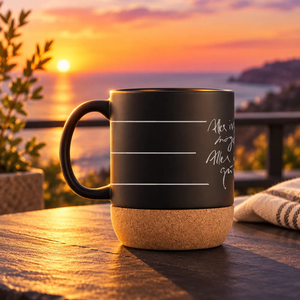 Die mattschwarze Jwala-Designertasse mit Korkfuß steht auf einem Holztisch im warmen Licht eines goldenen Sonnenuntergangs über dem Meer.