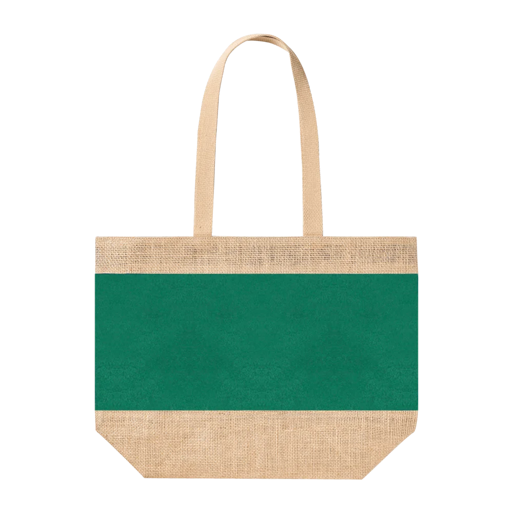 Jute-Strandtasche mit breitem grünem Stoffstreifen auf der Vorderseite