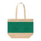 Jute-Strandtasche mit breitem grünem Stoffstreifen auf der Vorderseite