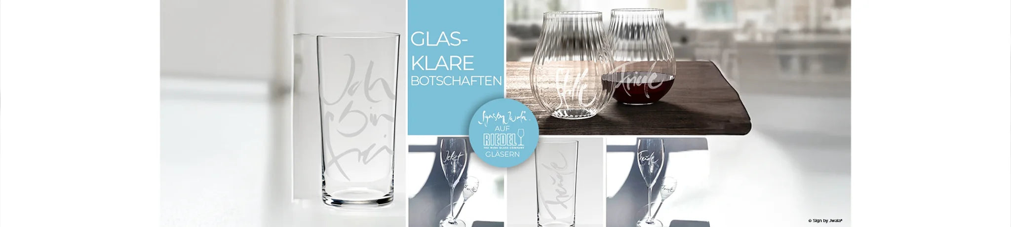 Das Bild zeigt eine Auswahl an SignGläsern, die mit besonderen Motiven und Botschaften gestaltet sind – sie stehen geordnet zusammen und vermitteln einen Eindruck von Vielfalt und liebevoller Gestaltung.