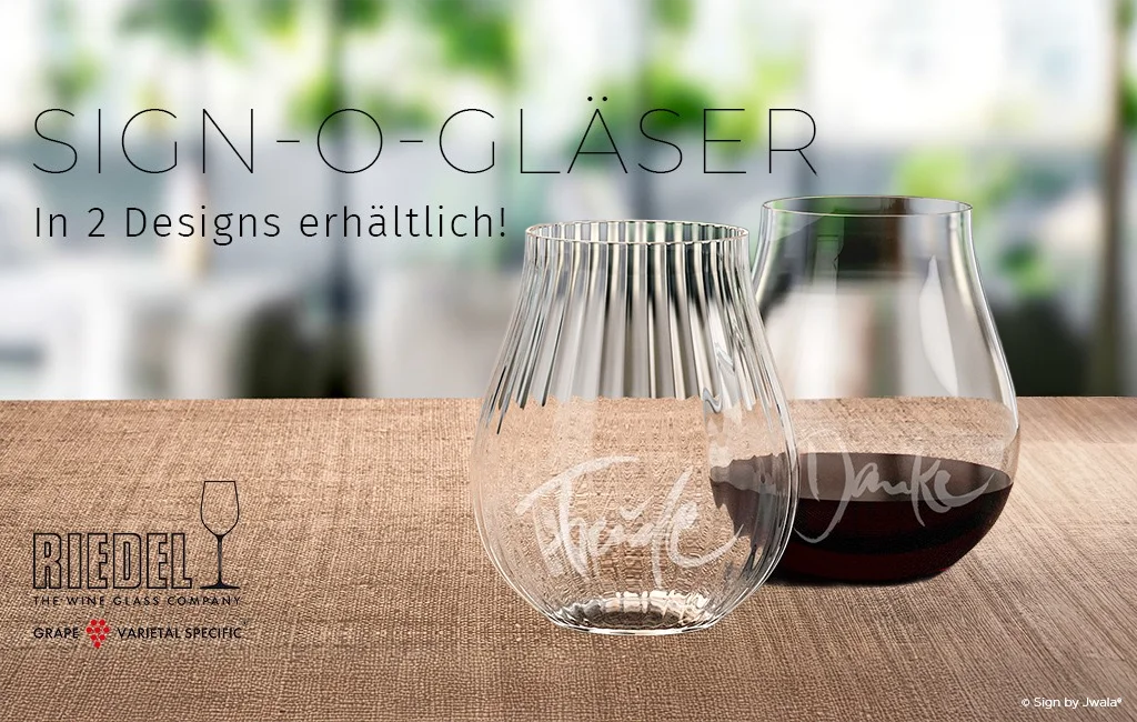 Zwei Riedl-Gläser mit inspirierenden Wörtern für positives Denken, veredelt und gestaltet aus dem Onlineshop SignShop Tirol.