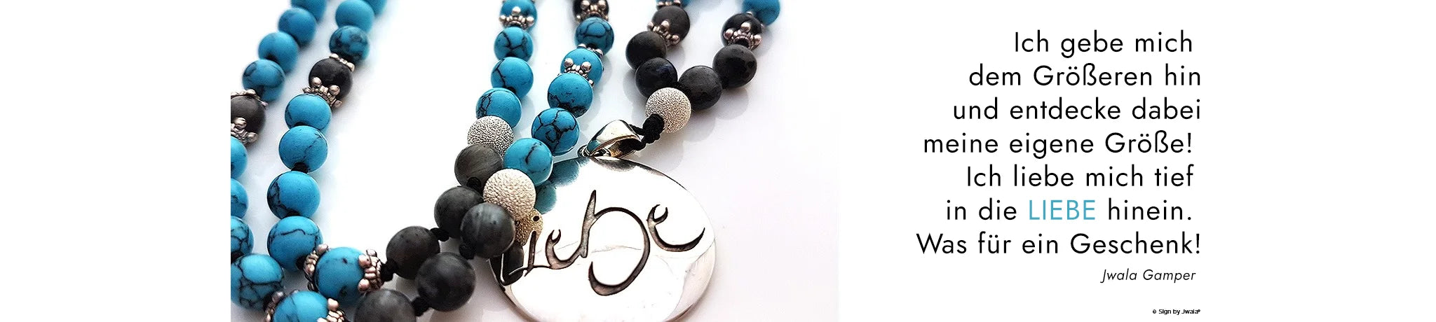 Malas mit der Botschaft „Liebe“ und verschiedenen Edelsteinen aus dem Onlineshop SignShop Tirol – handgefertigter, spiritueller Schmuck für Achtsamkeit und innere Ruhe.