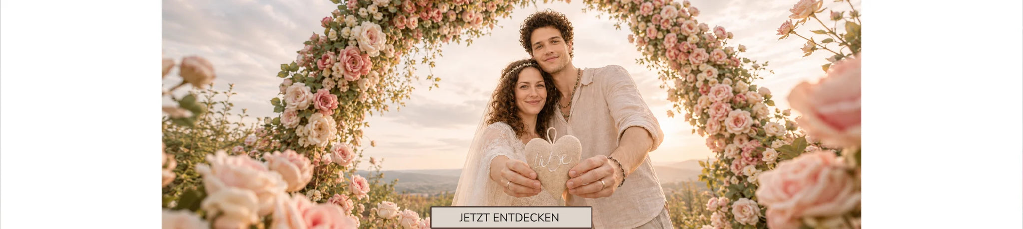 Ein lächelndes Brautpaar steht unter einem Bogen aus rosa Rosen und hält gemeinsam ein Stoffherz in die Kamera. Im Hintergrund sind Berge im Abendlicht zu sehen.