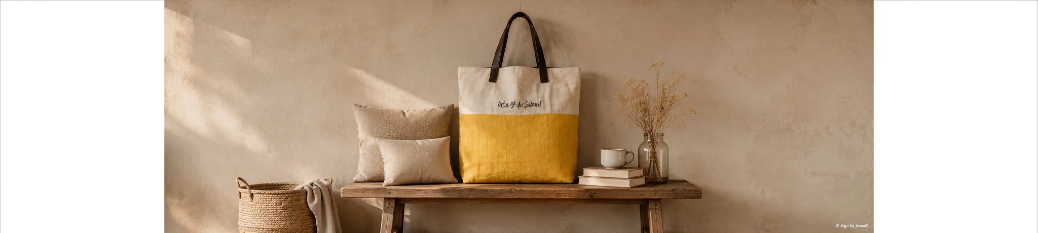 Moderne Canvas Tragetasche gelb-weiß im Boho-Stil von SignShopTirol.