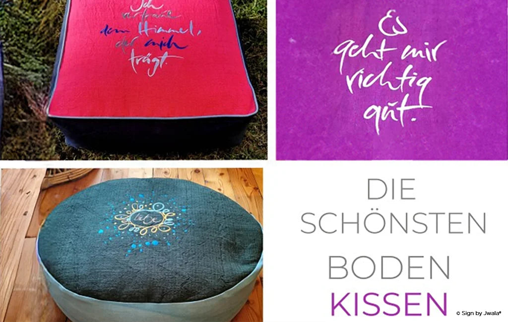 Verschiedene hochwertige Bodenkissen aus Bauernleinen mit inspirierenden Botschaften aus dem Onlineshop SignShop Tirol.