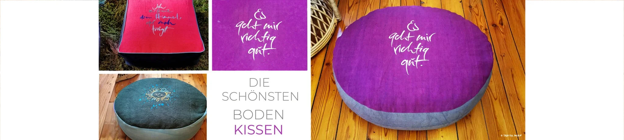 Bunte runde und eckige hochwertige Bodenkissen aus Bauernleinen mit inspirierenden Botschaften aus dem Onlineshop SignShop Tirol für Dekoration und zum Meditieren im Sitzen