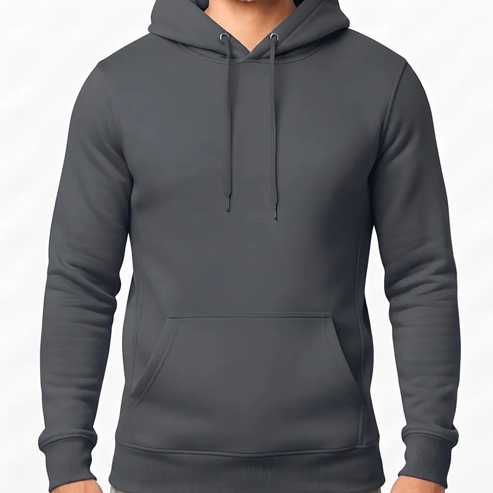  Schlichter Herren-Hoodie in hellem Indian Ink Grey ohne Sign mit Kängurutasche.