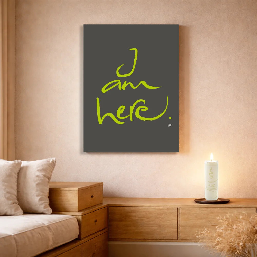 Handgemachte Leinwand „I am here.“ – Originaldruck und Fingerzeige Karte, Sign by Jwala®, inspirierende Wanddekoration, limitiertes Kunstwerk