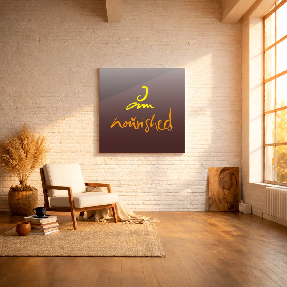 Handgemachte Leinwand „I am nourished.“ – Originaldruck und Fingerzeige Karte, Sign by Jwala®, inspirierende Wanddekoration, limitiertes Kunstwerk
