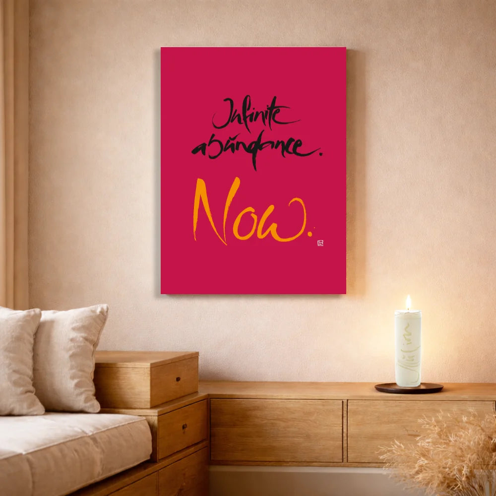 Handgemachte Leinwand „Infinite abundance. now.“ – Originaldruck und Fingerzeige Karte, Sign by Jwala®, inspirierende Wanddekoration, limitiertes Kunstwerk
