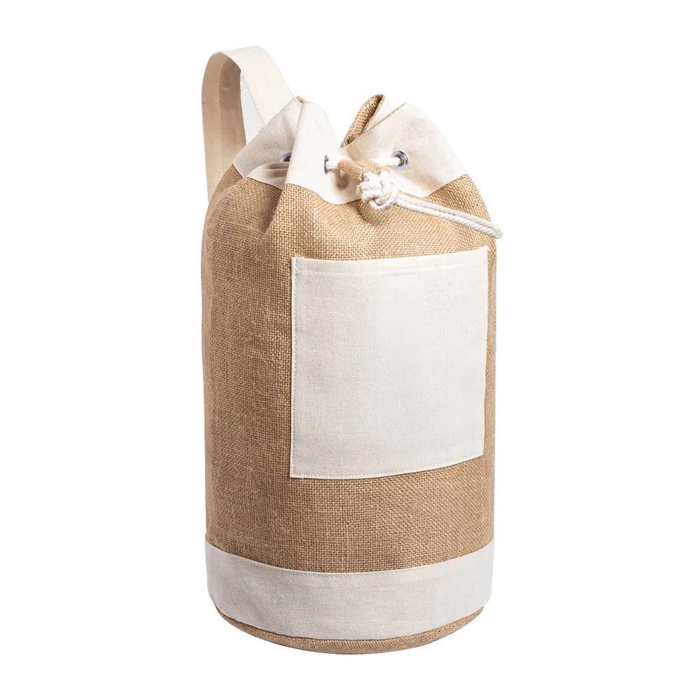 Jute-Seesack mit weißem Fach und Kordelzugverschluss mit Sign by Jwala – Vorderseite