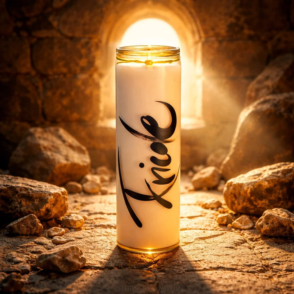 SignKerze „Friede“ Klassik online kaufen – vegane Kerze mit Friedensbotschaft und langer Brenndauer, sicher bestellen im SignShop Tirol