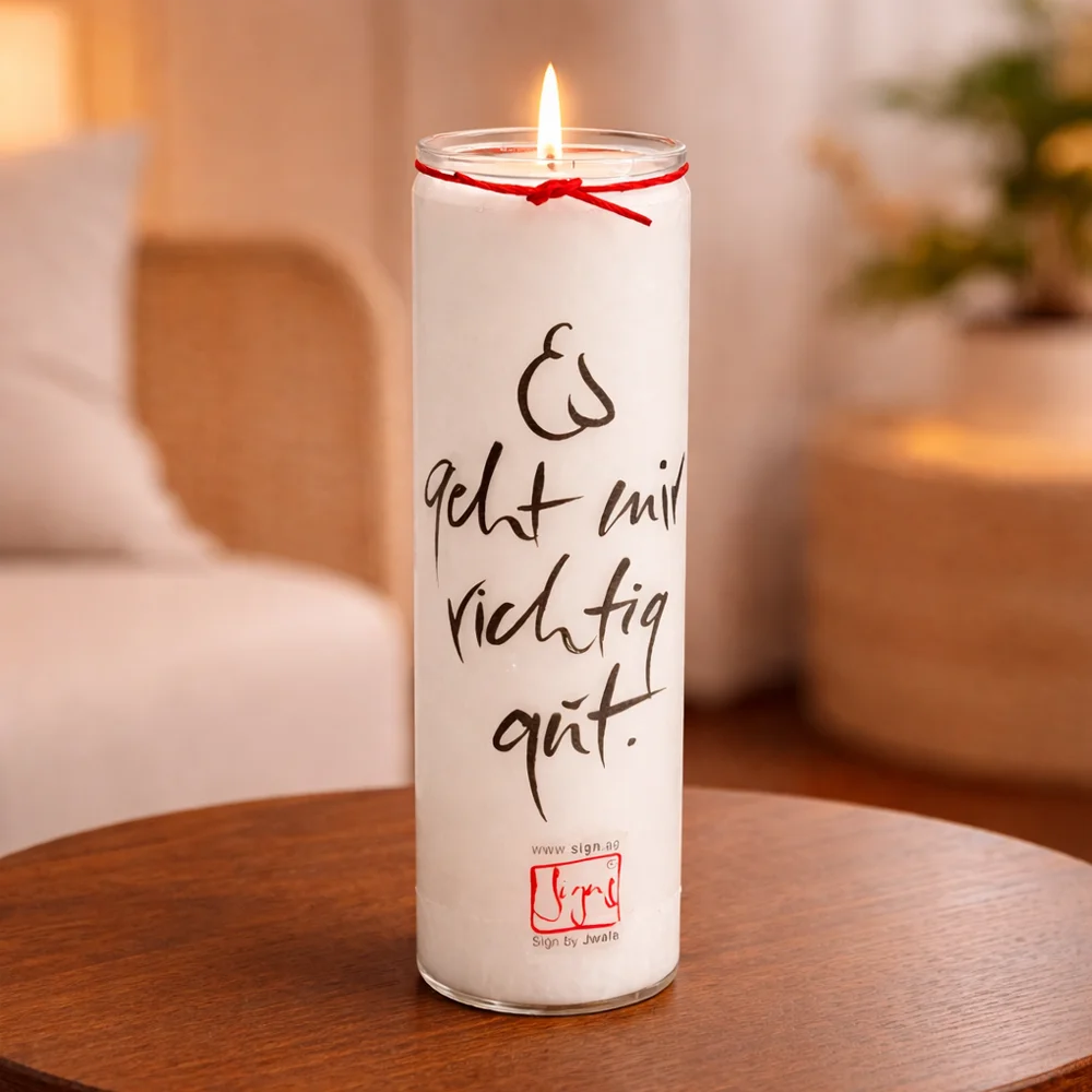 SignKerze „Es geht mir richtig gut“ Klassik online kaufen – vegane Kerze mit motivierender Botschaft und langer Brenndauer, sicher bestellen im SignShop Tirol