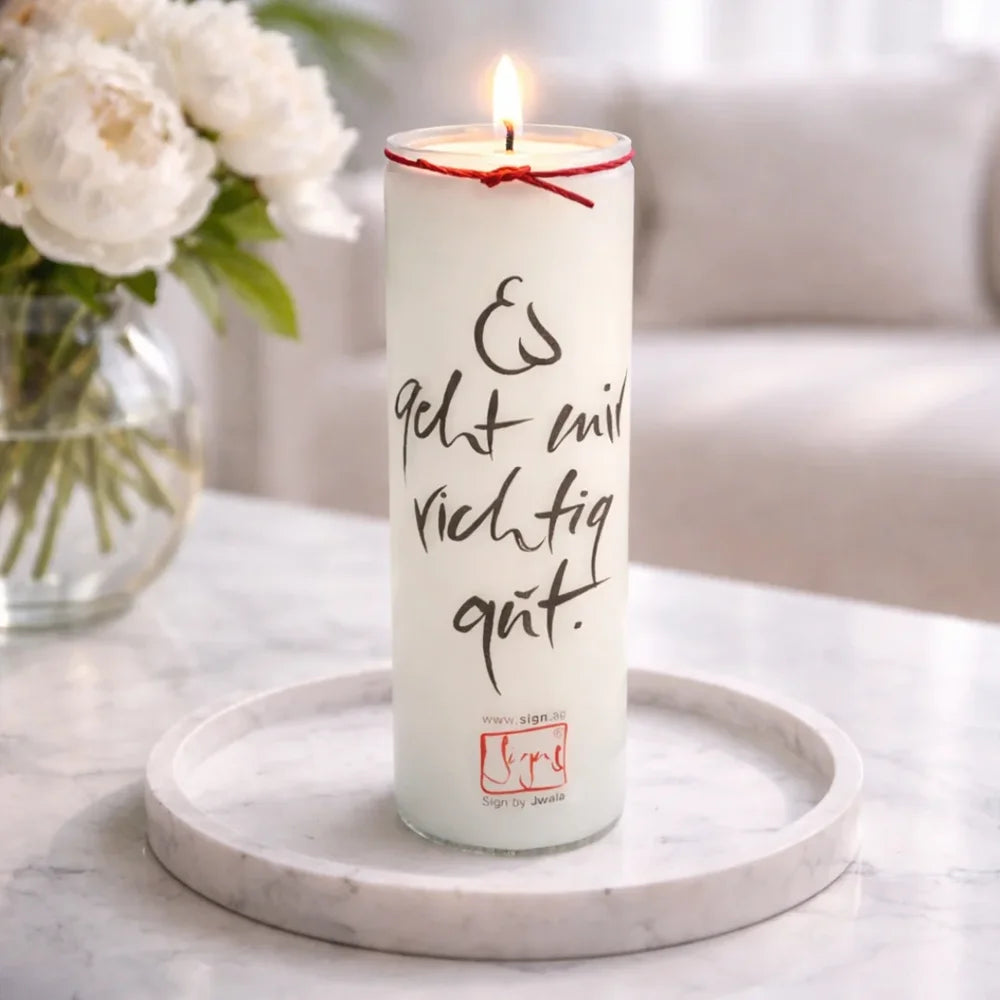 Vegane SignKerze „Es geht mir richtig gut“ Klassik kaufen – exklusive Kerze mit positiver Botschaft, sichere Online-Bestellung im SignShop Tirol