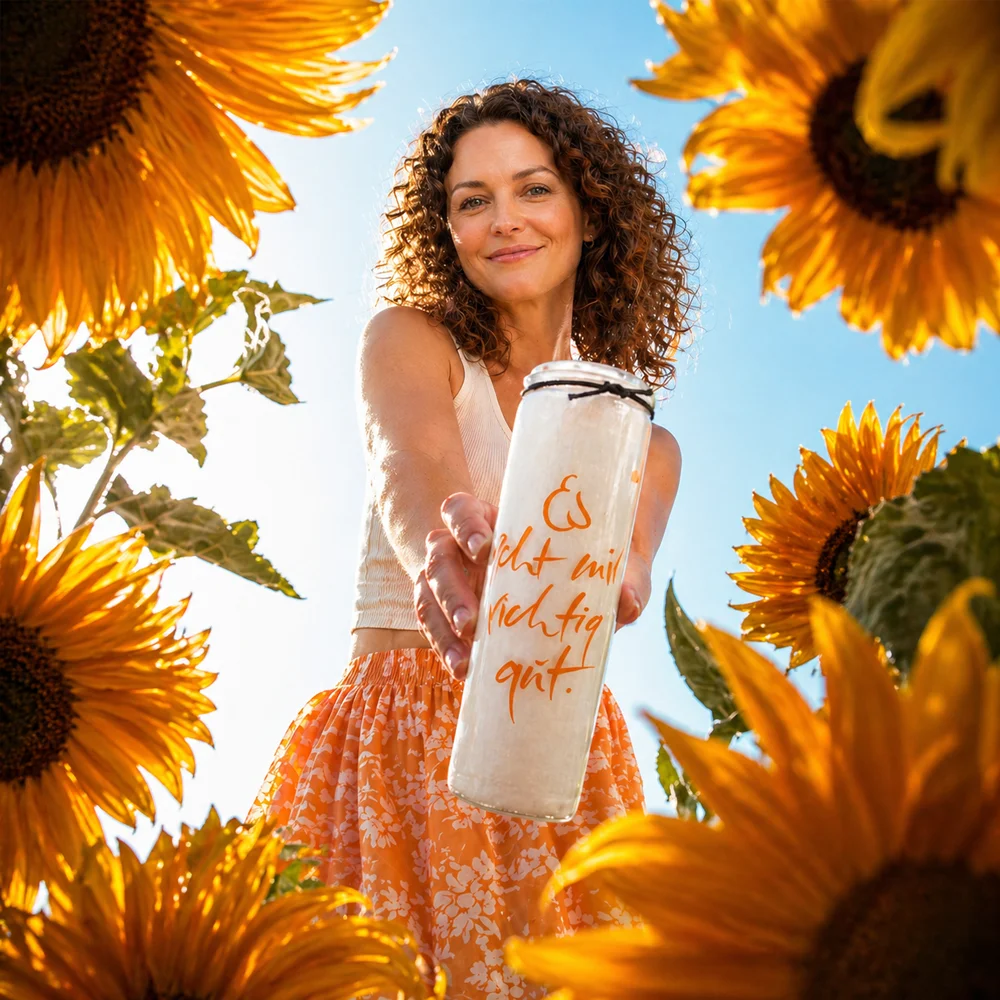 Premium Duftkerze „Es geht mir richtig gut“ orange – Sign by Jwala®, liebevoll gefertigte Designkerze, spirituelle Wohnaccessoires, Unikat aus Tirol, exklusive Dekoration
