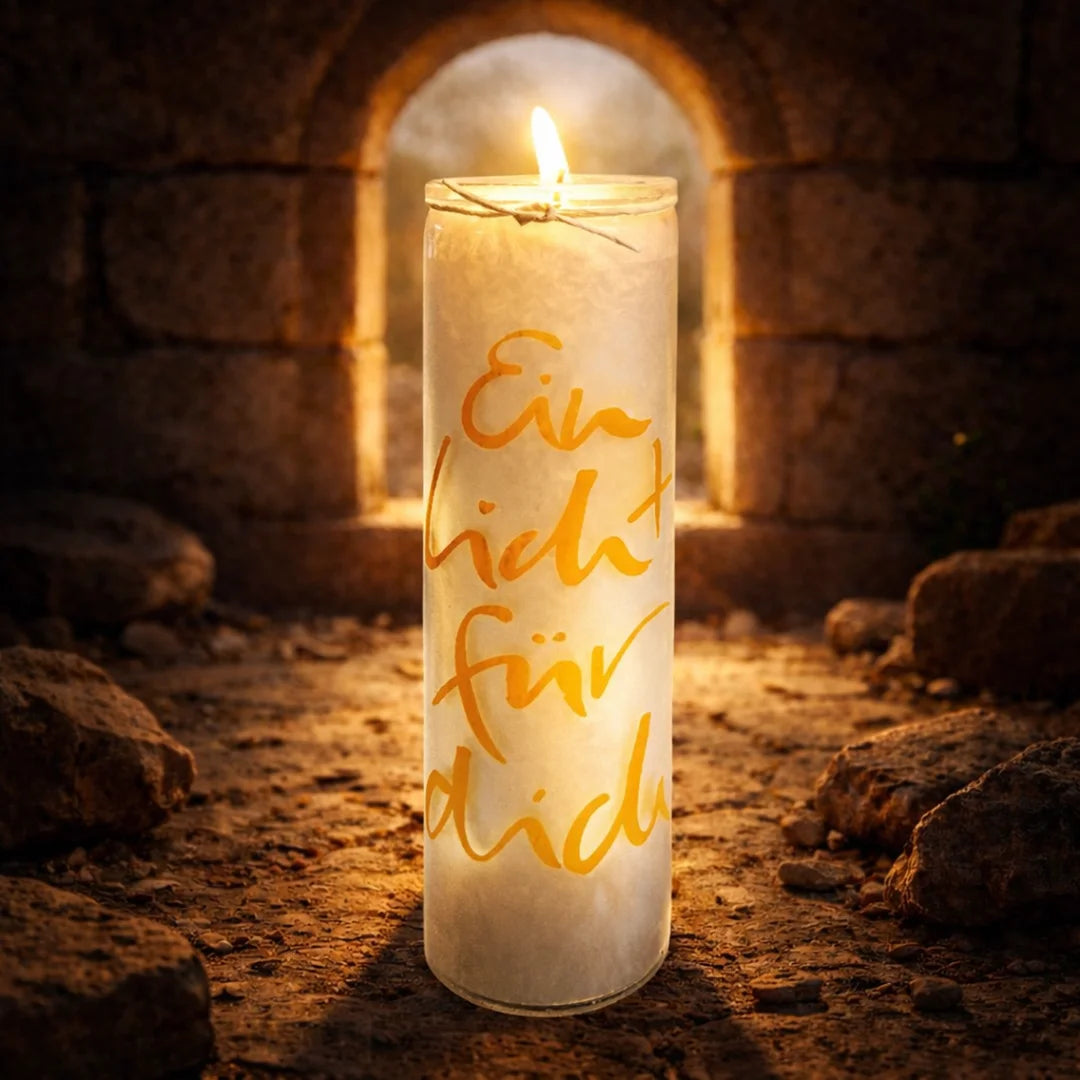 Spirituelle Kerze „Ein Licht für dich“ – Weiße, vegane, duftfreie Kerze mit gelber Schrift und liebevoller Botschaft, besondere Geschenkidee für Achtsamkeit und Lichtmomente, im SignShop Tirol online kaufen