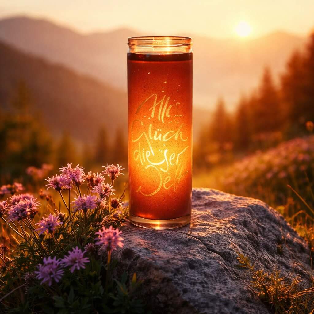 Veredelte SignKerze „Alles Glück dieser Welt“ im Glas – Leuchtende Kerze in Rot-Orange mit inspirierender Botschaft, fotografiert auf einem Felsen bei Sonnenuntergang über einem weiten Tal – exklusiv im SignShop Tirol erhältlich