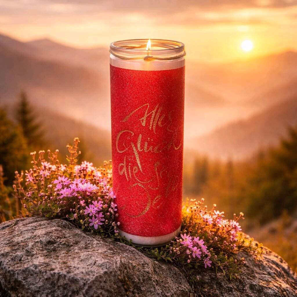 SignKerze „Alles Glück dieser Welt“ – Handveredelte, rot-orange Kerze im Glas mit inspirierender Botschaft, stimmungsvoll auf einem Felsen bei Sonnenuntergang inszeniert, exklusiv im SignShop Tirol online kaufen