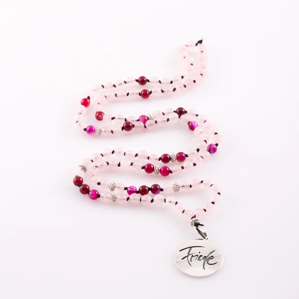 Edelstein-Mala „Friede“ Rosenquarz/Achat rot – Sign by Jwala®, hochwertig verarbeitet, Limited Edition, exklusives Geschenk für Achtsamkeit und innere Kraft