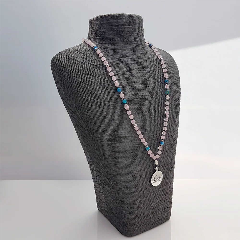 Original Freude-Mala Rosenquarz & blauer Achat – SignShop.Tirol, einzigartige Schmuckkette, handgemacht, wertvolles Accessoire für Liebe, Harmonie und positive Energie
