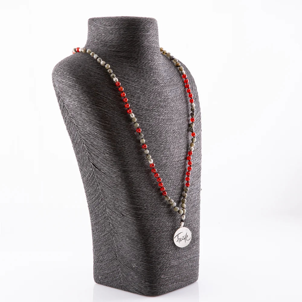 Premium Mala „Freude“ Labradorit/Achat Rot – Sign by Jwala®, edle Handarbeit, Unikat, exklusives Schmuckstück für Meditation, Harmonie und spirituelle Balance