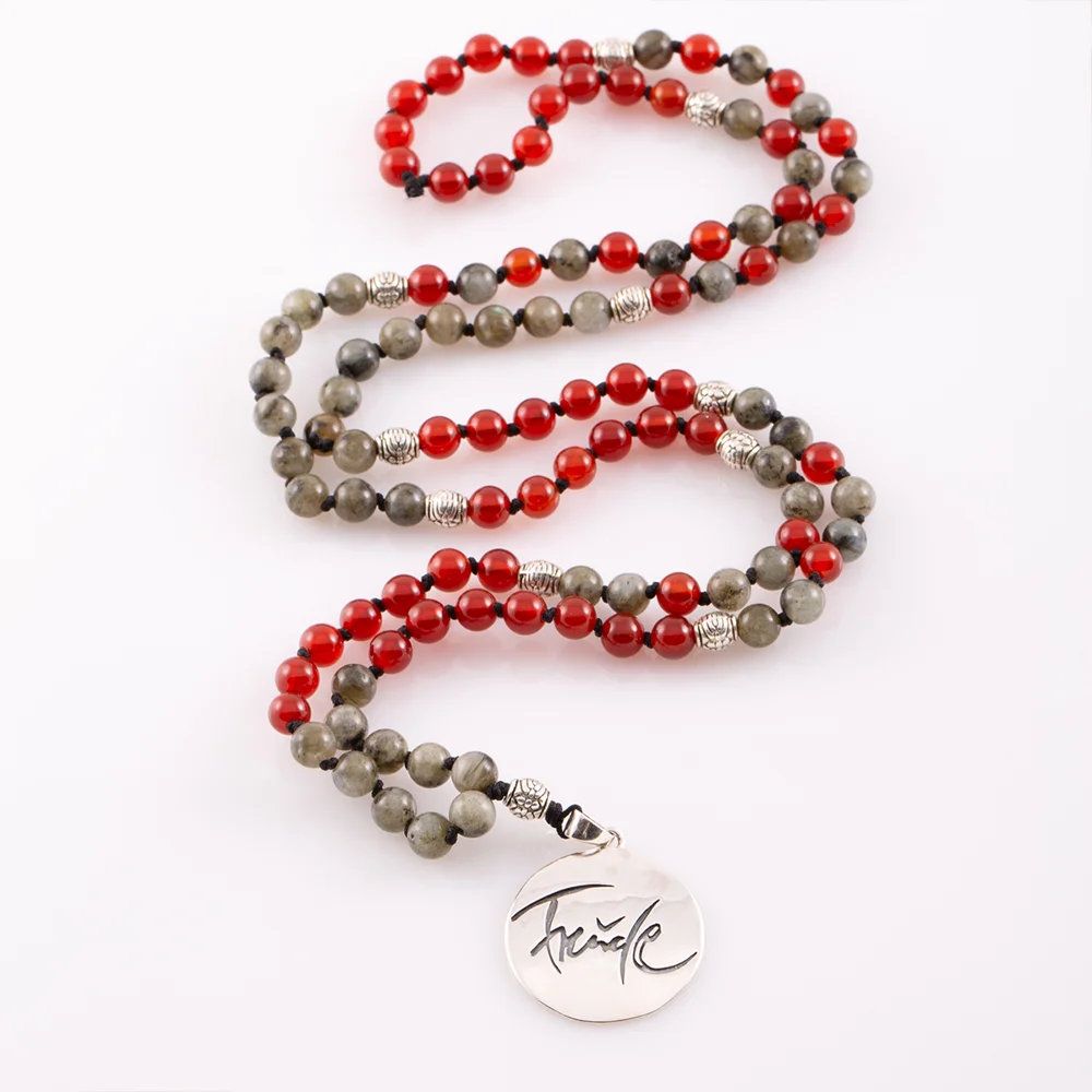 Exklusive Freude-Mala Labradorit/Achat Rot – handgefertigte Meditationskette, Original von Sign by Jwala®, Limited Edition, hochwertiger Edelsteinschmuck für Lebensfreude und Energie