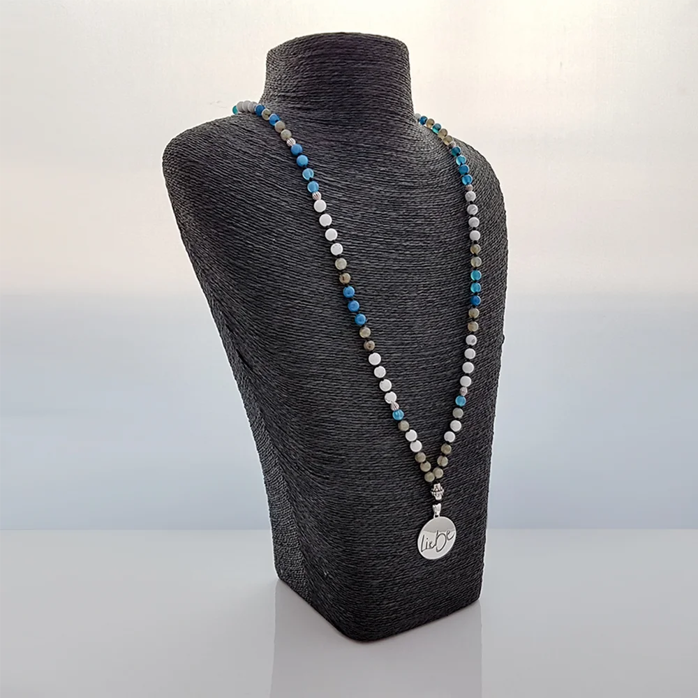 Luxus Mala „Liebe“ Blauer Achat, Labradorit & Howlith – Sign by Jwala®, exklusive Meditationskette, liebevoll gefertigt, Premium-Qualität für Klarheit und Herzenswärme
