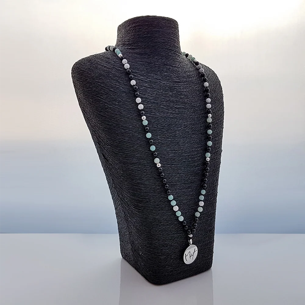 Luxus Mala „Mut“ Onyx, Howlith & Amazonit – Sign by Jwala®, exklusive Meditationskette, liebevoll gefertigt, Premium-Qualität für Schutz, Mut und Harmonie