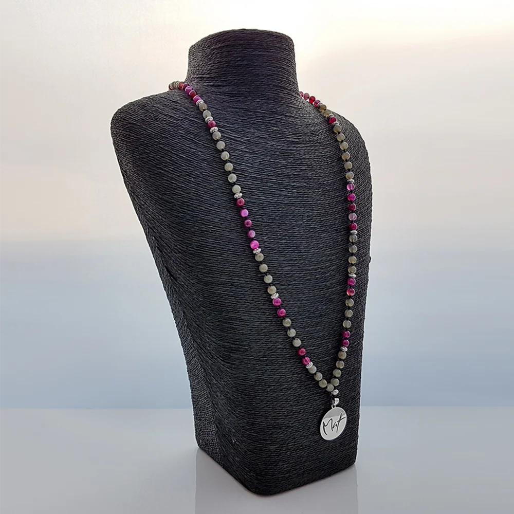 Original Mut-Mala Labradorit & pinker Achat – SignShop.Tirol, einzigartige Schmuckkette, handgemacht, wertvolles Accessoire für Lebensfreude, Heilung und Energie