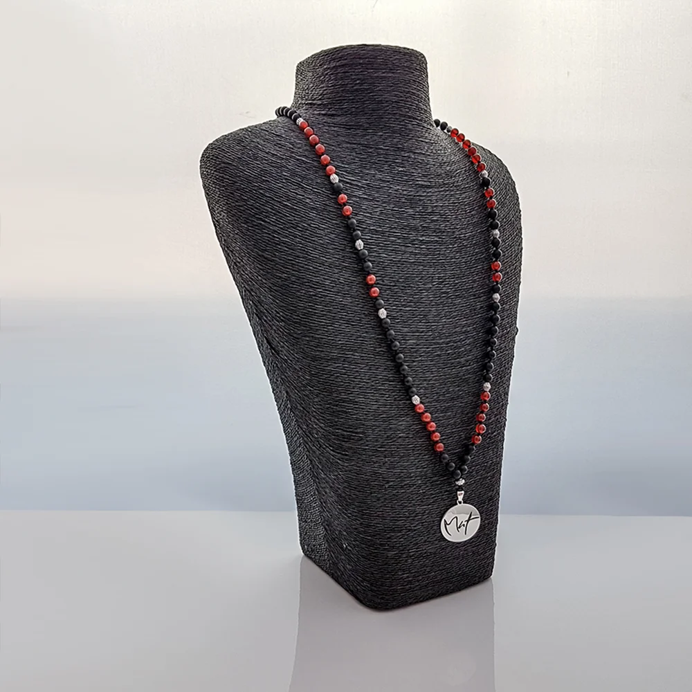 Spirituelle Mut-Mala Onyx/Achat Rot – Sign by Jwala® Original, Limited Edition, hochwertige Edelstein-Meditationskette, Unikat für Schutz, Energie und Selbstbewusstsein
