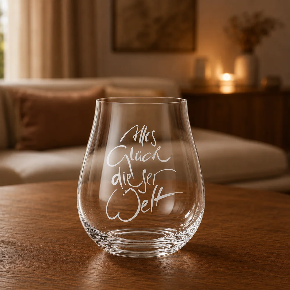Ein einzelnes Riedel Sign-Glas mit der Botschaft „Alles Glück dieser Welt“ dekorativ platziert auf einem hölzernen Couchtisch in warmer, stimmungsvoller Wohnzimmeratmosphäre.