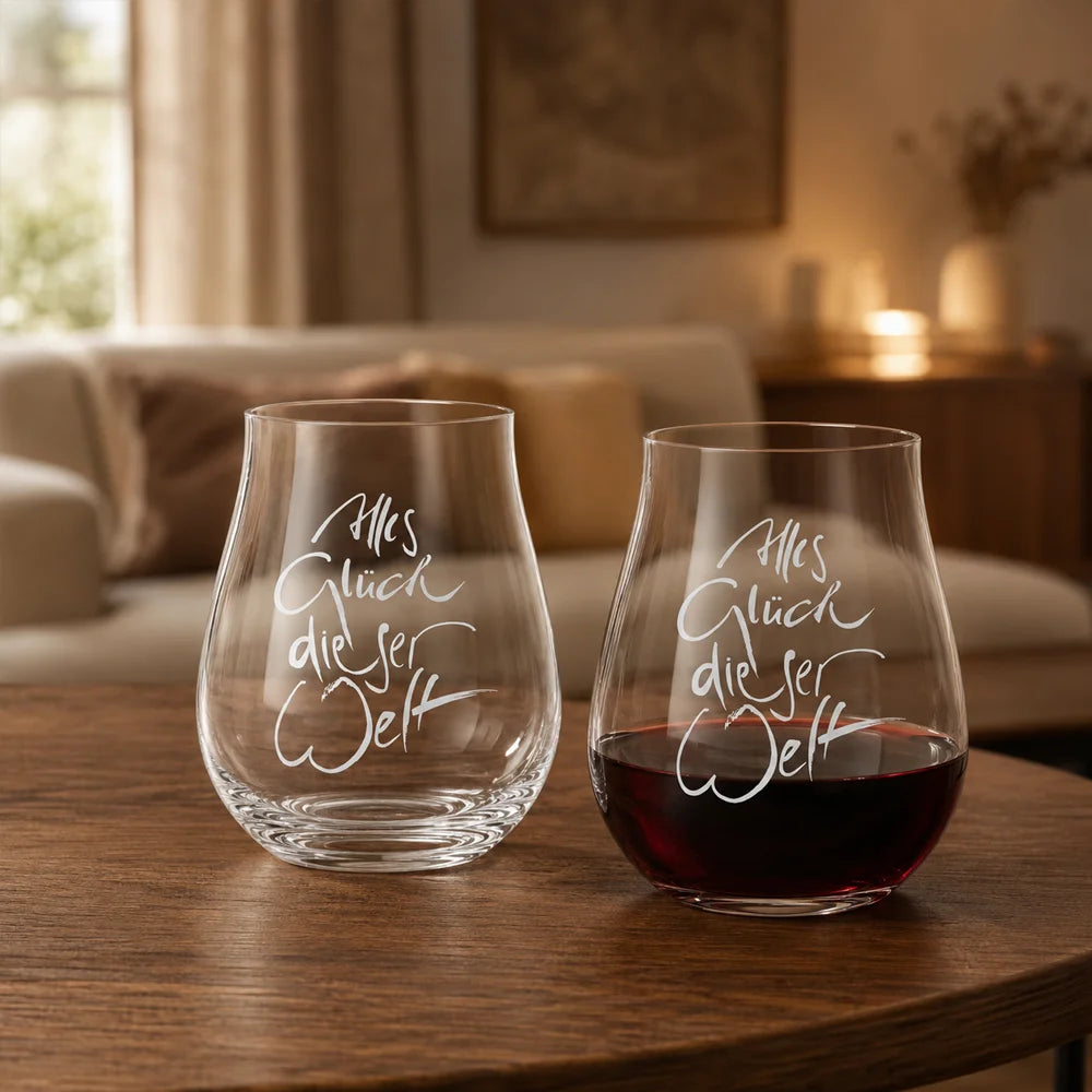 Ein 2er-Set der Riedel Sign-Gläser auf einem Holztisch in einem gemütlichen Wohnzimmer – ein Glas ist leer, das andere mit Rotwein gefüllt.
