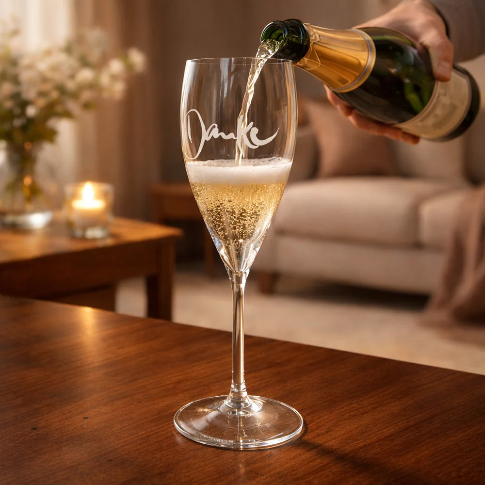 Edles Champagnerglas „Danke“ mit Luxus-Gravur online im SignShop Tirol kaufen – Exklusives Glas für stilvolle Genussmomente und festliche Empfänge