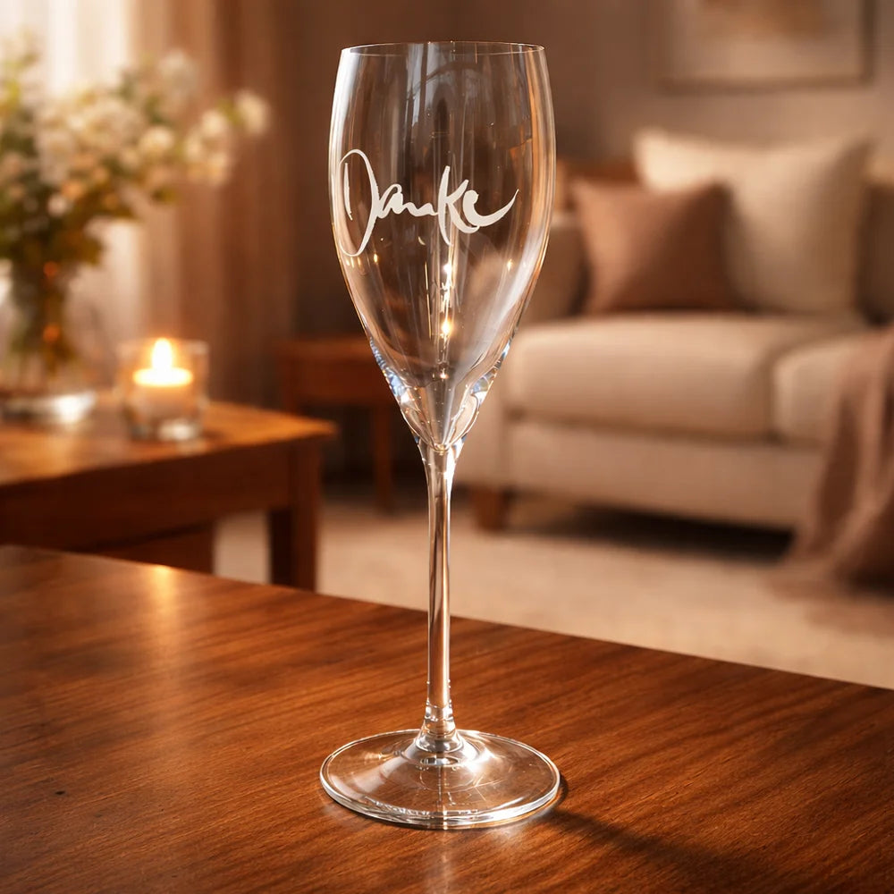 Premium Champagnerglas „Danke“ mit exklusiver Veredelung – Luxus Glas für stilvolle Feiern, Jubiläen und glückliche Augenblicke online im SignShop Tirol kaufen
