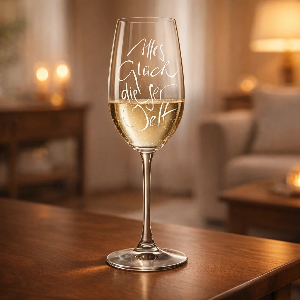 Edles Kristallglas mit persönlicher Gravur „Alles Glück dieser Welt“, gefertigt in Tirol und ideal für besondere Anlässe oder als wertschätzende Aufmerksamkeit