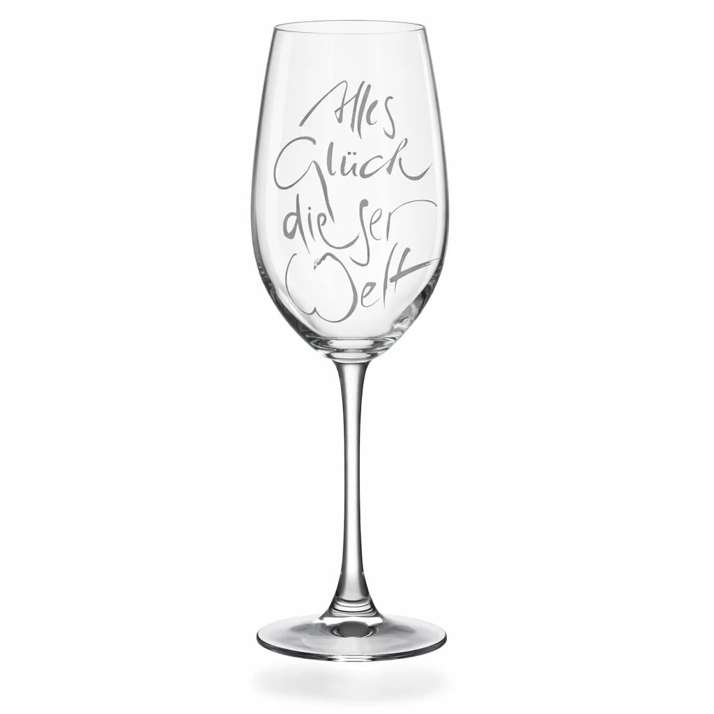Hochwertiges, maschinengefertigtes Kristallglas mit der Gravur „Alles Glück dieser Welt“, im Original Riedel-Karton und mit viel Liebe gestaltet