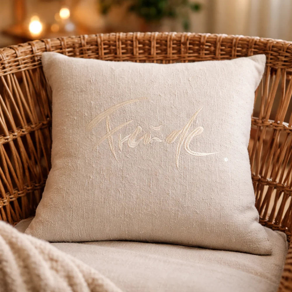Premium Kissenhülle „Freude“ in Creme – Sign by Jwala®, echtes Bauernleinen, Unikat aus Tirol, stilvolle Dekoration für Ihr Zuhause