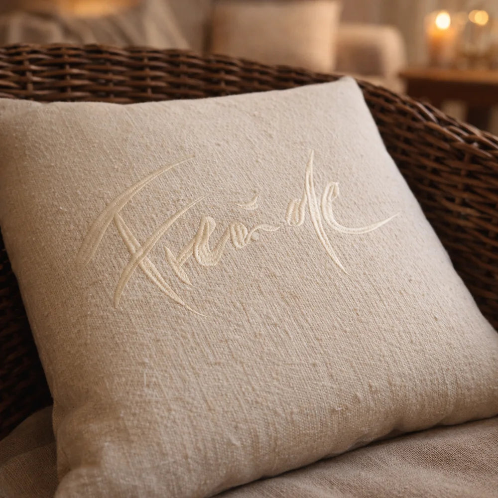 Handgemachte Kissenhülle „Freude“ in Creme – Original von Sign by Jwala®, limitierte Auflage, liebevoll gefertigt, luxuriöses Wohntextil