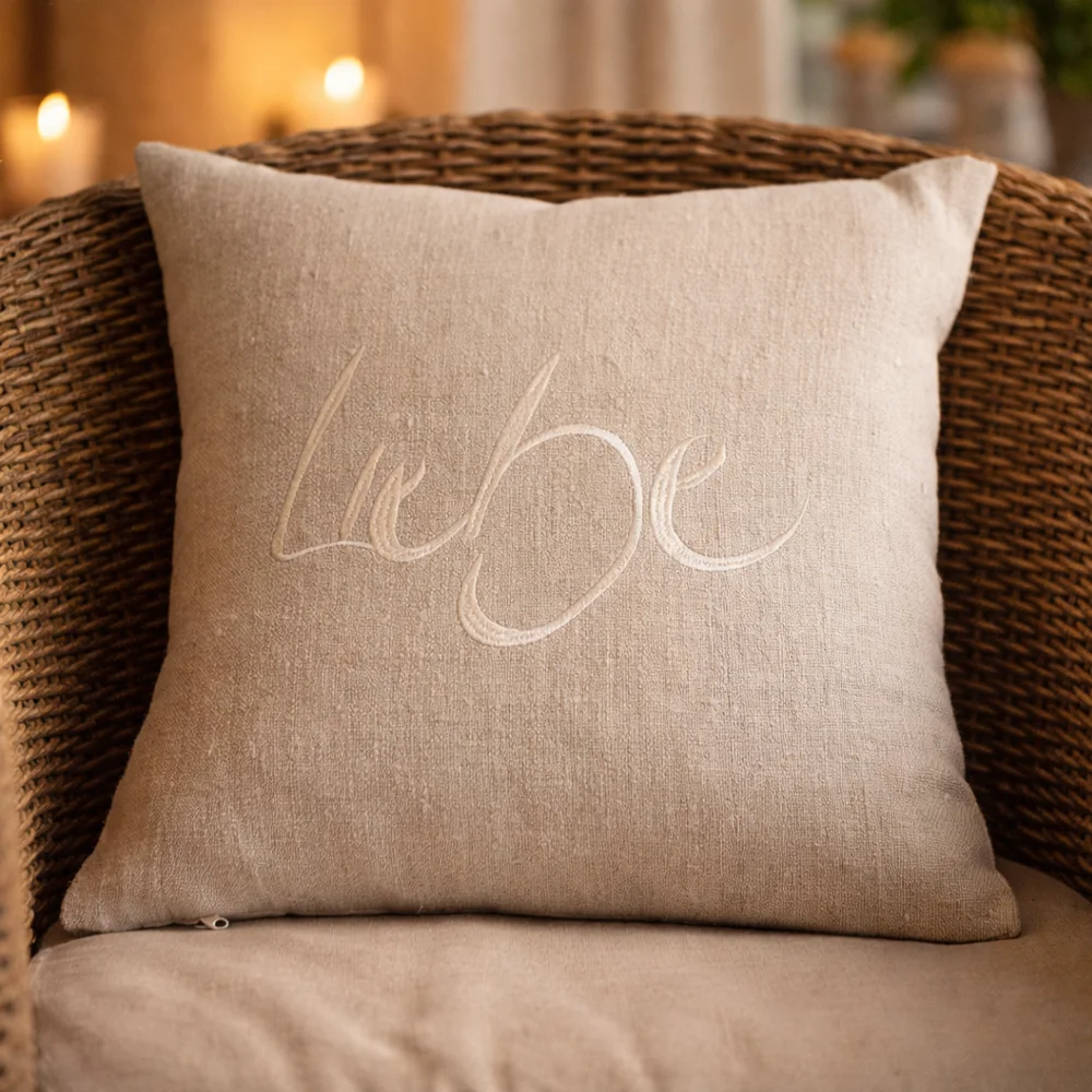 Exklusive Kissenhülle Bauernleinen „Liebe“ in Creme – handgefertigt aus Tirol, Original von Sign by Jwala®, Limited Edition, hochwertiges Wohnaccessoire