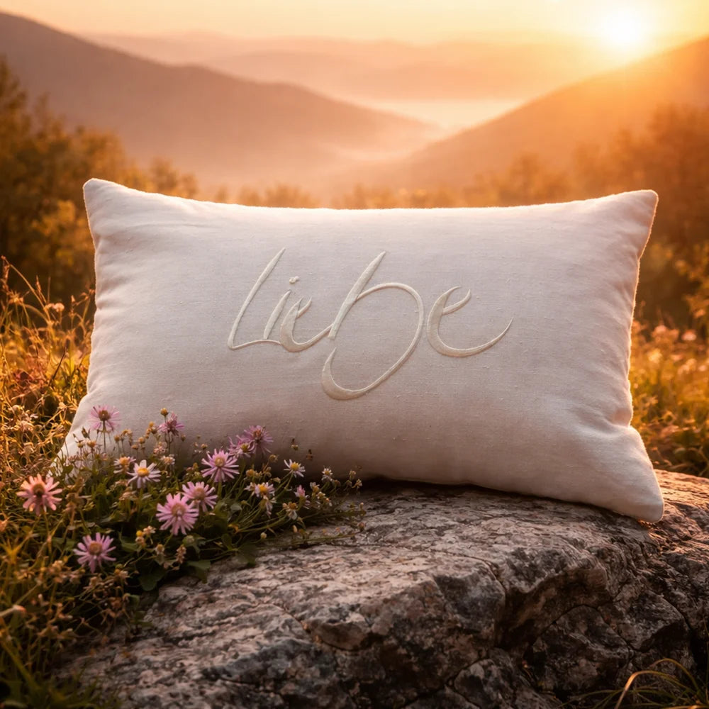 Premium Zirbenkissen „Liebe“ – Sign by Jwala®, echtes Bauernleinen, gefüllt mit Tiroler Zirbenholz, einzigartiges Unikat, exklusives Wohnaccessoire