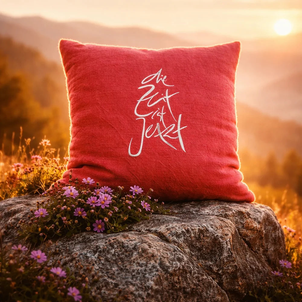 Exklusives Bauernleinen Zirbenkissen „Die Zeit ist Jetzt“ rot – handgefertigt aus Tirol, Original von Sign by Jwala®, Limited Edition, hochwertiges Naturprodukt