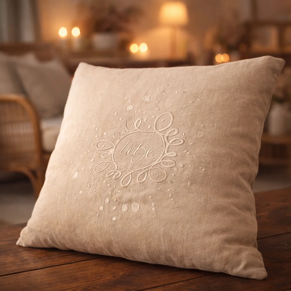 Exklusives Bauernleinen Zirbenkissen „Liebe Ornament“ 50x50 – handgefertigt aus Tirol, Original von Sign by Jwala®, Limited Edition, hochwertiges Naturprodukt