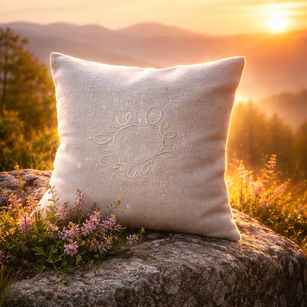 Handgemachtes Zirbenkissen „Liebe Ornament“ 50x50 – Original von Sign by Jwala®, limitierte Auflage, hochwertige Naturfüllung, inspirierendes Geschenk für Wohlbefinden