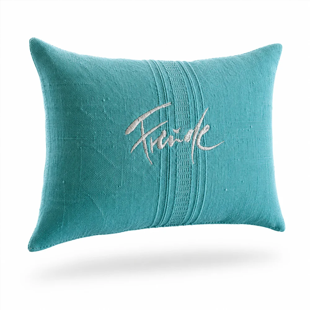 Premium Zirbenkissen „Freude.“ Hellpetrol – Sign by Jwala®, echtes Bauernleinen, luxuriöses Wohnaccessoire, Unikat, gefüllt mit Zirbenspänen für Entspannung und Wohlbefinden