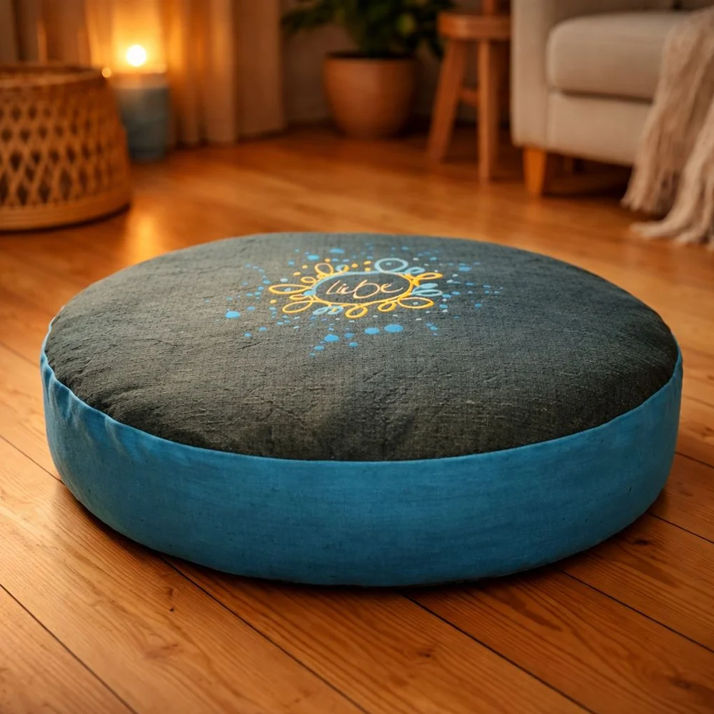 Meditationskissen mit Stickerei Liebe Ornament – Bio-Dinkelspelzfüllung, limitierte Auflage, nachhaltige Handarbeit aus Tirol