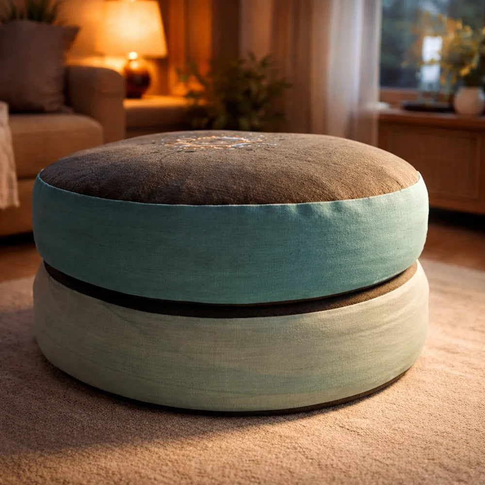 Bodenkissen Liebe Ornament Tanne Petrol – handgemachtes Sitzkissen aus Bauernleinen mit Jwala-Sign, exklusiv im SignShop Tirol kaufen