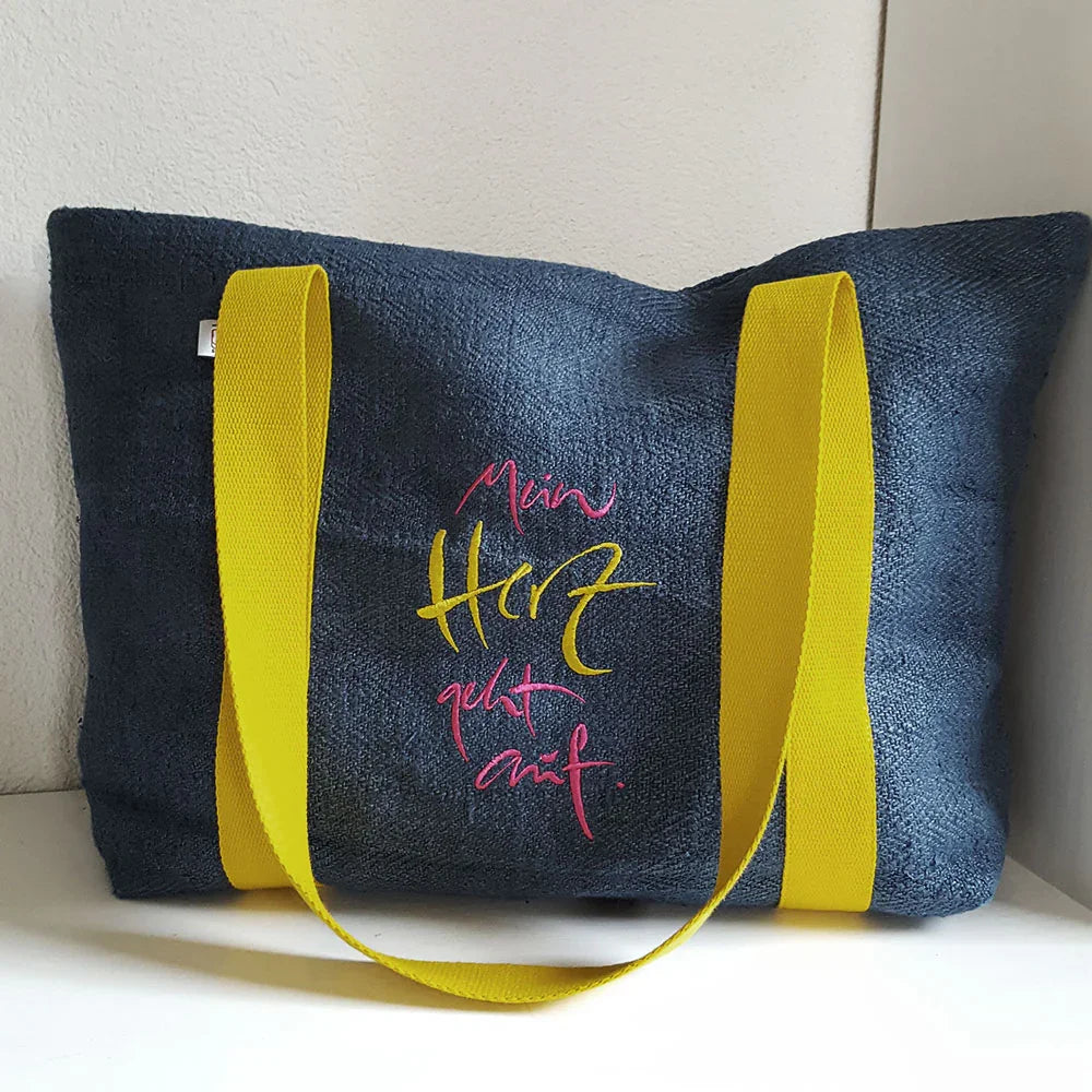 Luxus Shopper „Mein Herz geht auf“ Bauernleinen – Sign by Jwala®, exklusive Strandtasche, liebevoll gefertigt, Premium-Qualität für Urlaub, Sonne und besondere Momente